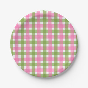 Pink Green Gingham Checkered Summer Garden Party Paper Plates