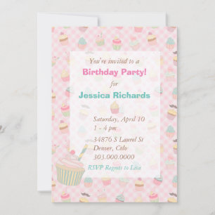 Pink Green Gingham Cupcake Birthday Party Invitation