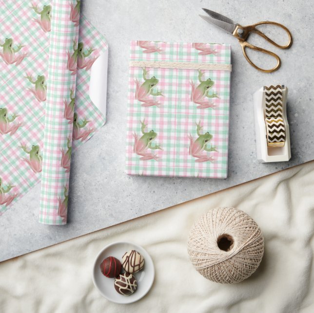  Pink Green Gingham Frog Frogs Wrapping Paper (Crafts)