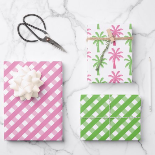 Pink  Green Gingham  Palm Trees Gift Wrap Sheets