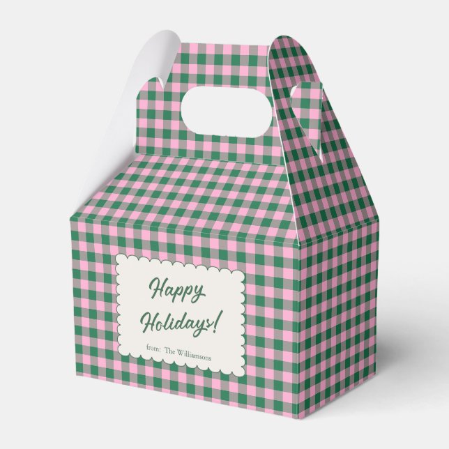 Pink Green Gingham Plaid Personalized Christmas Favor Boxes (Front Side)