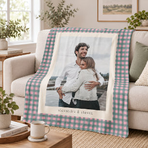 Pink Green Gingham Preppy Couple Photo Custom Name Fleece Blanket