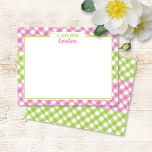 Pink Green Gingham Preppy Girly Stationery Note Card