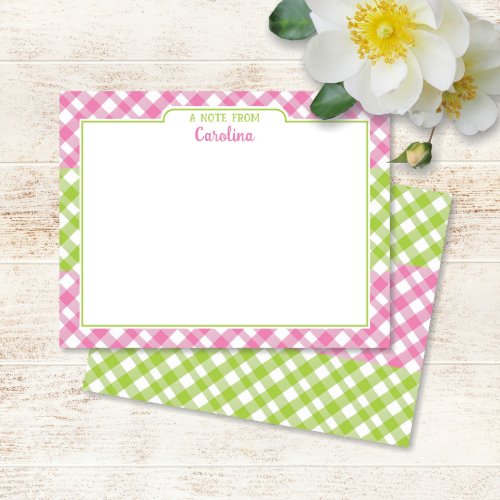 Pink Green Gingham Preppy Girly Stationery Note Card
