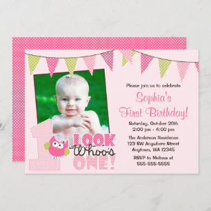 Pink Green Girl Owl 1st Photo Birthday Invitations
