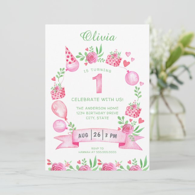 Pink Green Girly First Birthday Invitation (Standing Front)