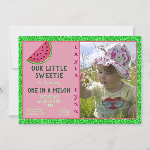 Pink Green Glitter One In A Melon Birthday Photo Invitation