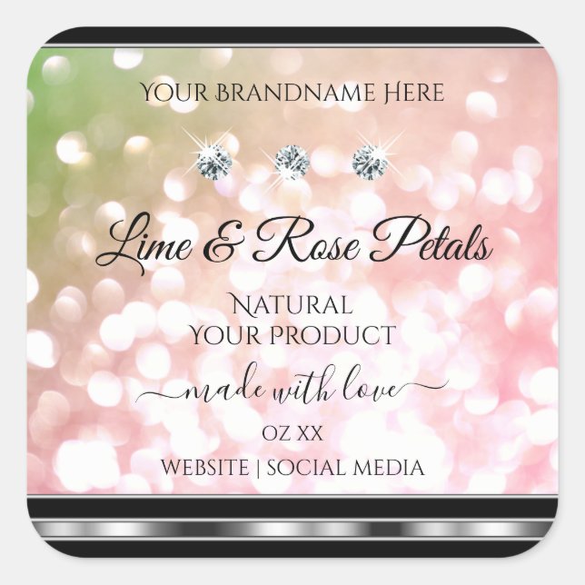 Pink Green Glitter Product Labels Diamonds Silver (Front)