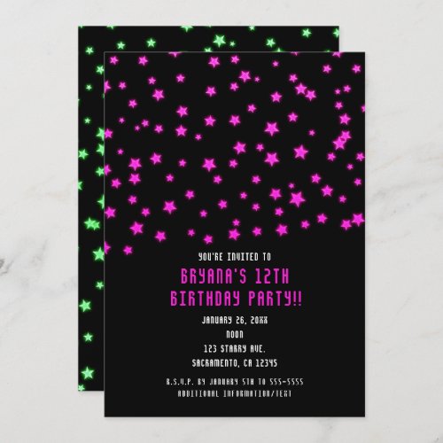 Pink Green Glowing Stars Birthday Party Invitation