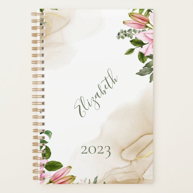 Pink Green Gold Floral Personalized Yearly Planner (Front)