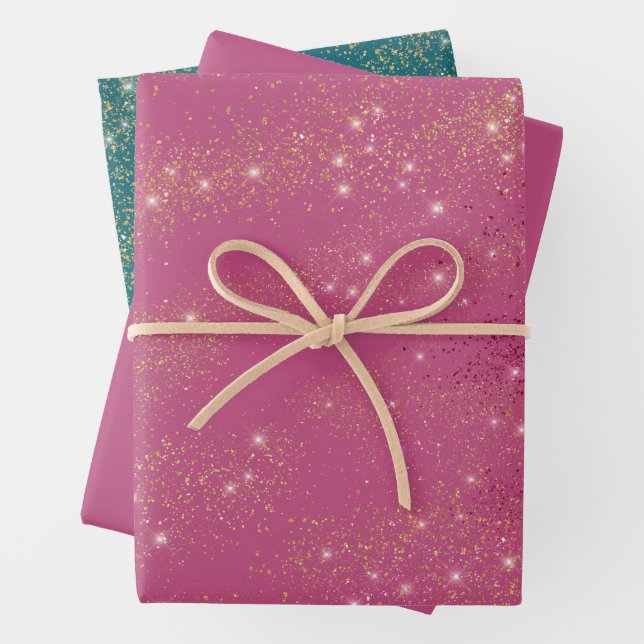 Pink Green Gold Glitter Birthday Wrapping Paper Sheets (In situ)