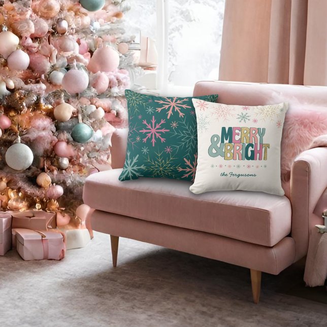 Pink Green Gold Merry & Bright Snowflakes Name Throw Pillow (Creator Uploaded)