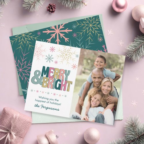 Pink Green Gold Merry  Bright Snowflakes Photo Holiday Card