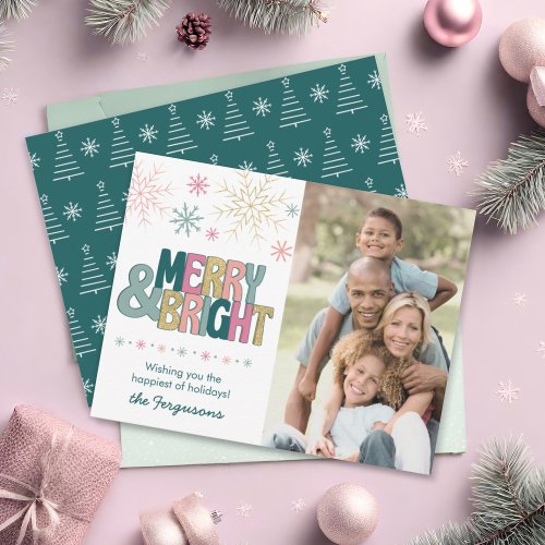 Pink Green Gold Merry Bright Snowflakes Tree Photo Holiday Card