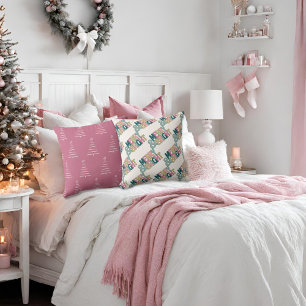 Pink Green Gold Merry & Bright Snowflakes & Trees Throw Pillow