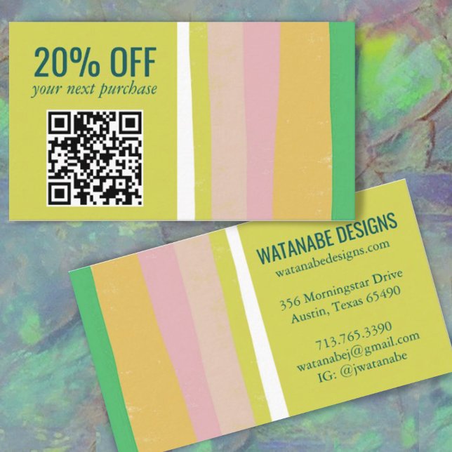 Pink Green Gold Minimalist Stripes Simple QR CODE  Discount Card (Creator Uploaded)