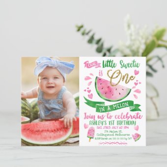 Pink Green Gold One In A Melon Photo 1st Birthday Invitation | Zazzle