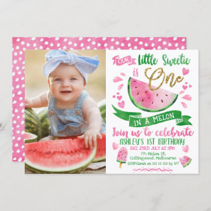 Pink Green Gold One In A Melon Photo 1st Birthday Invitation
