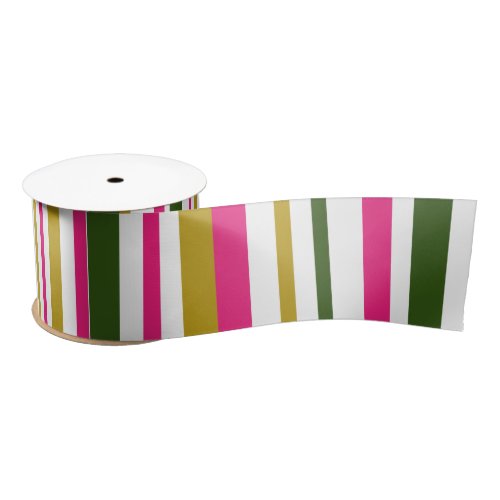 Pink Green Gold Stripe Satin Ribbon