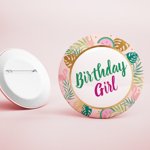 Pink Green  Gold Watermelon Tropical Birthday Button