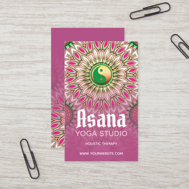 Pink Green Gold YinYang Holistic Energy Yoga  Business Card (Front/Back In Situ)