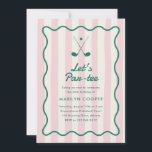 Pink   Green Golf 30th Birthday Party Invitation<br><div class="desc">Ask your guests to swing on by a birthday party by the golf course with this elegant and vintage-inspired pickleball party invitation. It features a light pink striped background, a curvy, wavy green frame, and an illustration of two golf clubs and a golf ball. The back of the card features...</div>