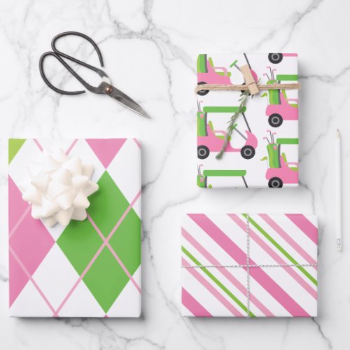 Pink  Green Golf Argyle Stripes Gift Wrap Sheets