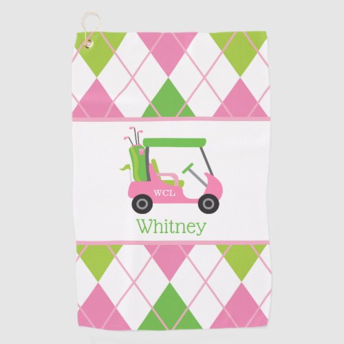 Pink  Green Golf Cart Monogram Golf Towel