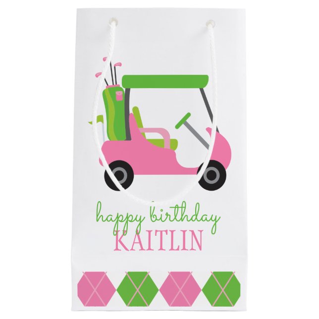 Pink & Green Golf Cart Personalized Gift Bag (Front)