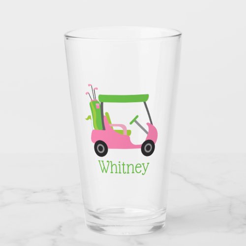 Pink  Green Golf Cart Personalized Glass Tumbler