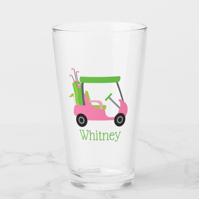 Pink & Green Golf Cart Personalized Glass Tumbler (Front)