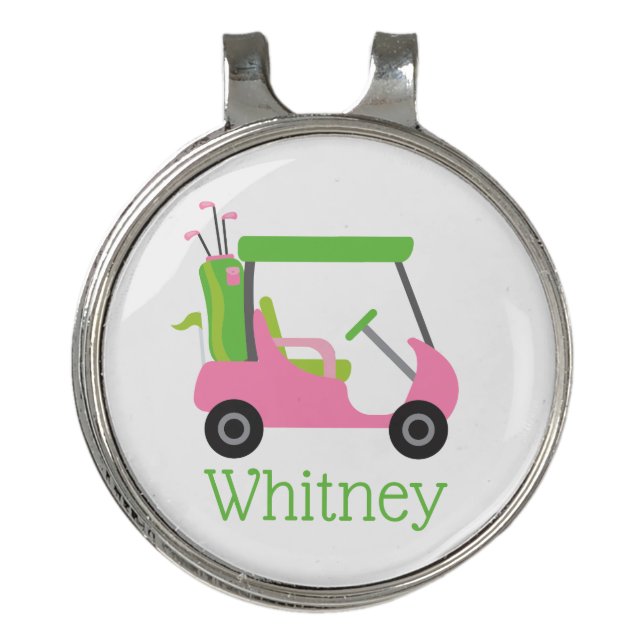 Pink & Green Golf Cart Personalized Golf Hat Clip (Front)