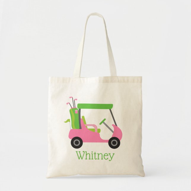 Pink & Green Golf Cart Personalized Tote Bag (Front)