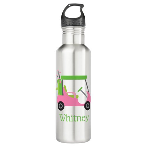 Pink  Green Golf Cart Personalized Water Bottle