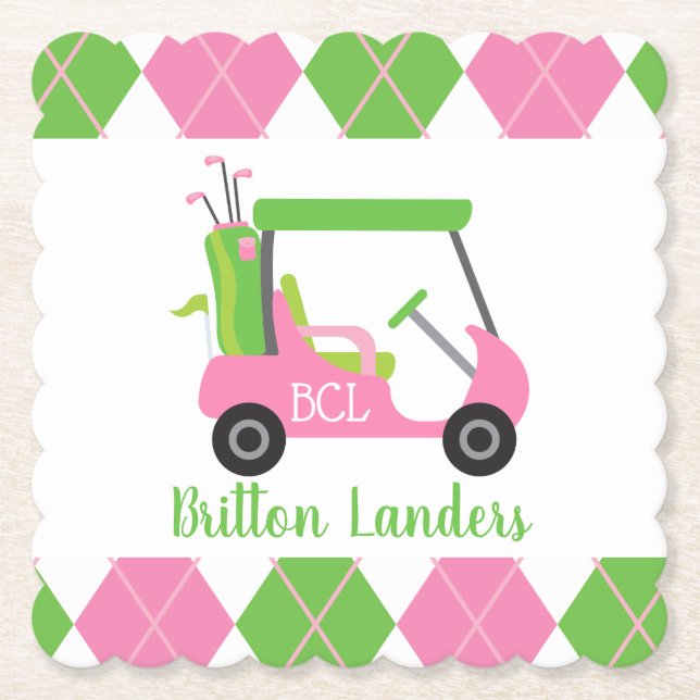 Pink & Green Golf Monogrammed Paper Coasters (Front)