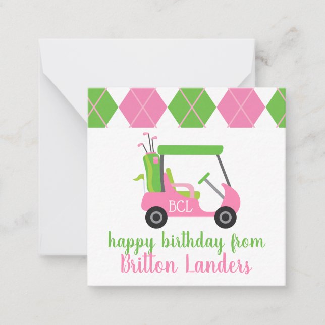 Pink & Green Golf Personalize Gift Enclosure Cards (Front)