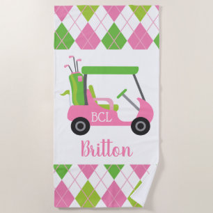 Pink & Green Golf Personalized Beach Towel