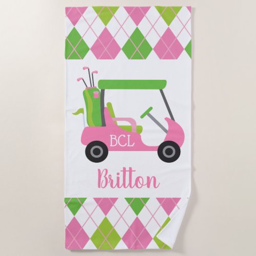 Pink  Green Golf Personalized Beach Towel