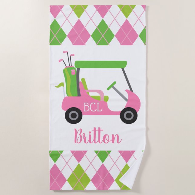 Pink & Green Golf Personalized Beach Towel (Front)