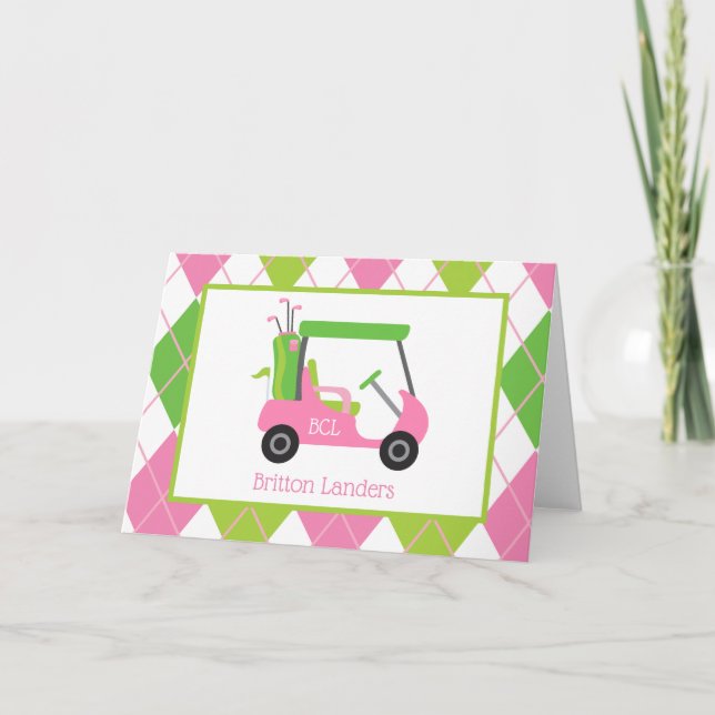 Pink & Green Golf Personalized Folded Note Cards (Front)