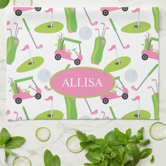 Pink & Green Golf Personalized Kitchen Towel (Folded)
