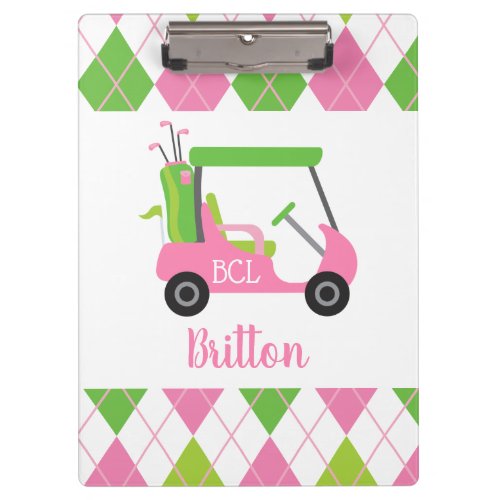 Pink  Green Golf Personalized Monogram Clipboard