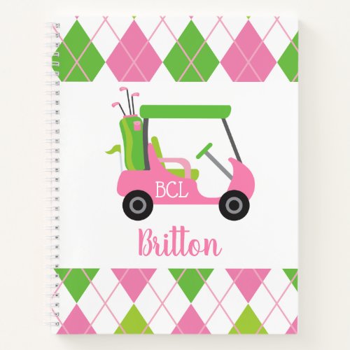 Pink  Green Golf Personalized Monogram Notebook