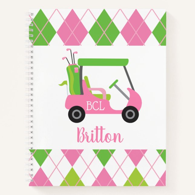 Pink & Green Golf Personalized Monogram Notebook (Front)