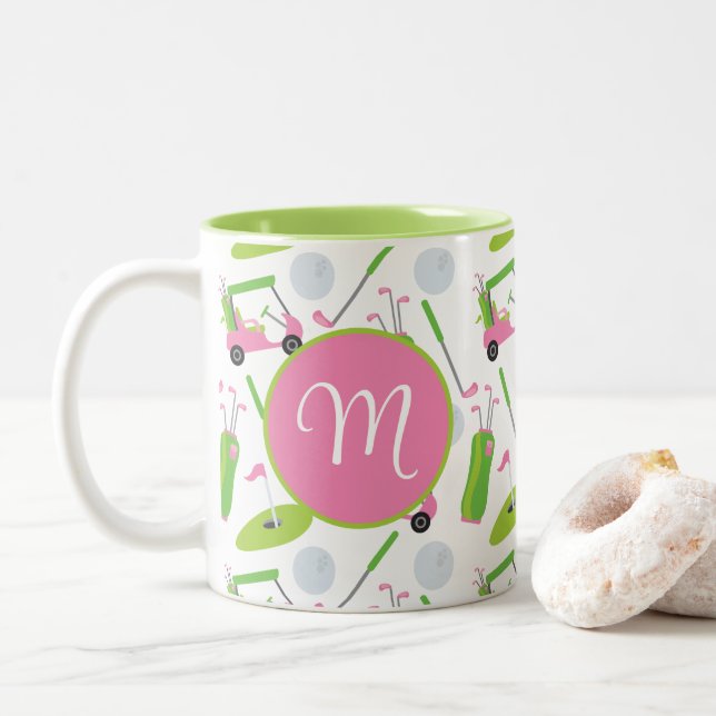 Pink & Green Golf Personalized Monogrammed Two-Tone Coffee Mug (With Donut)
