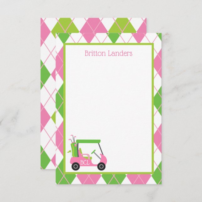 Pink & Green Golf Personalized Note Cards (Front/Back)