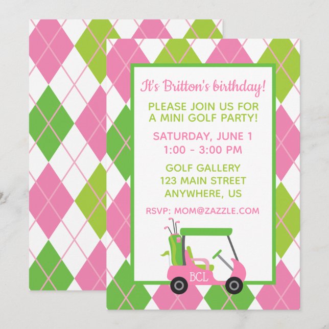Pink & Green Golf Personalized Party Invitations (Front/Back)