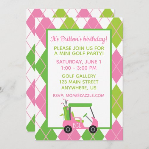 Pink  Green Golf Personalized Party Invitations