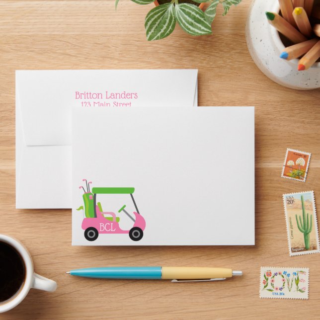 Pink & Green Golf Personalized Stationery Envelope (Desk)