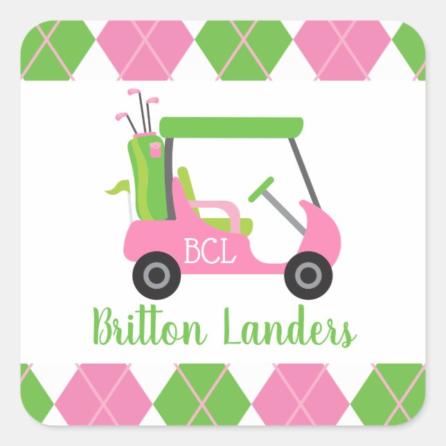 Pink & Green Golf Personalized Stickers (Front)